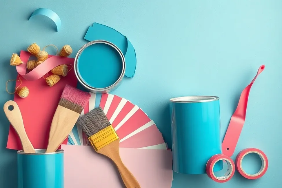 Pots de peinture, nuancier, brosses et rouleaux disposés à plat