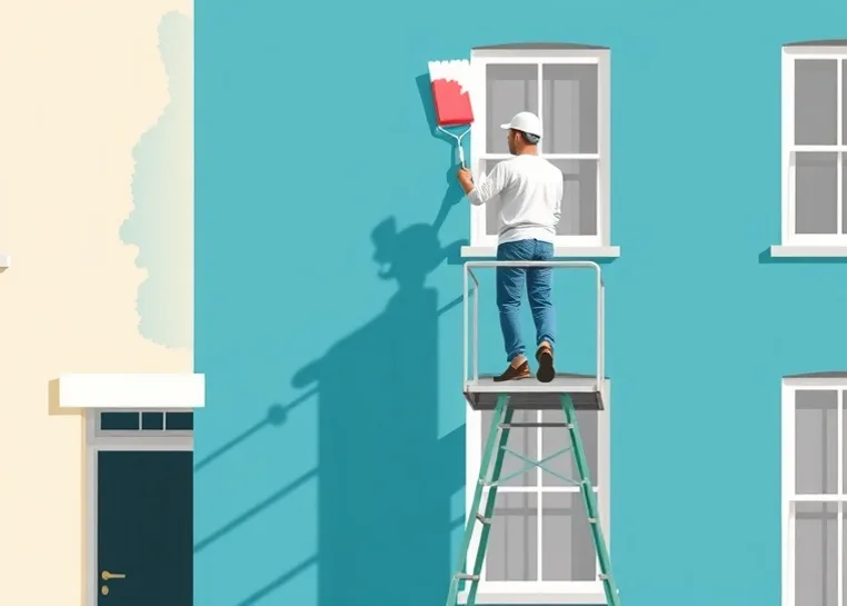 Peintre sur échafaudage traitant la façade d'une maison