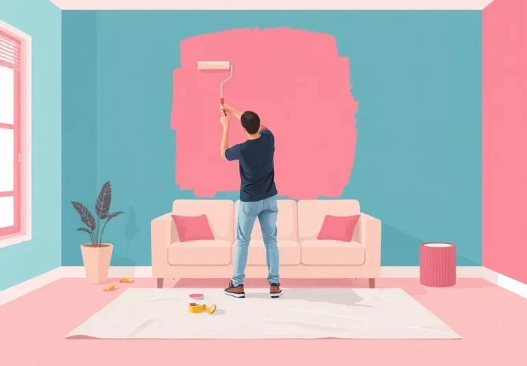 Peintre appliquant la peinture au rouleau sur un mur de salon